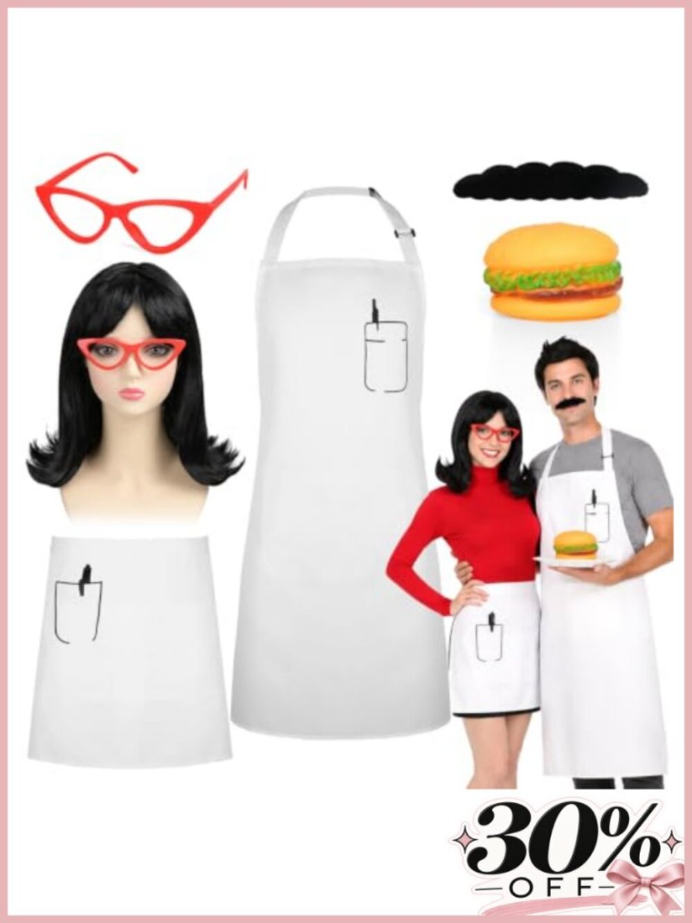 MOVINPE Burger Shop Couple Costume Set Chef Waitress Apron Wig Beard Glasses